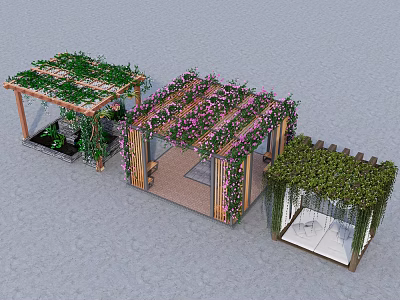 Decorative Pergola With Green Plants Pink Flowers And Wooden Structure Design 3d model