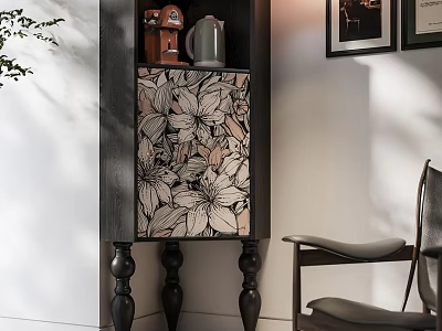 Storage Cabinet with Floral Pattern Door Dark Wood Frame and Decorative Legs in Living Space 3d model