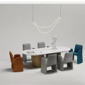 Modern Dining Table Set With Marble Top Mixed Color Chairs White Bust And Pendant Light 3d model