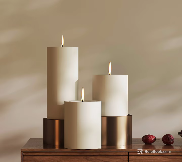 White Candles on Brass Bases with Red Fruits for Home Decoration Items 3d model 
