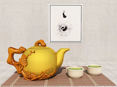 Traditional Chinese Tea Set With Yellow Carved Teapot Small Cups And Bamboo Mat 3d model