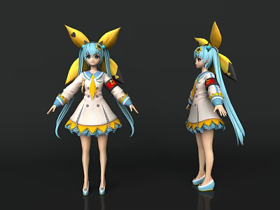 Game And Movie Character With Blue Long Hair Yellow Bow And White Dress 3d model