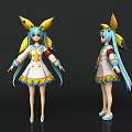 Game And Movie Character With Blue Long Hair Yellow Bow And White Dress