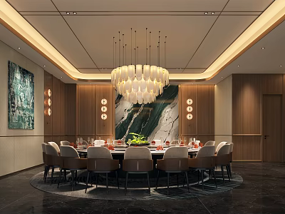 Elegant Modern Private Dining Room With Round Table Marble Countertop Chairs Chandelier And Decorative Painting 3d model