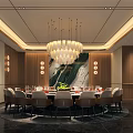 Elegant Modern Private Dining Room With Round Table Marble Countertop Chairs Chandelier And Decorative Painting