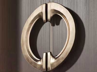 Metal Ring Shaped Door Handle Mounted On Dark Wooden Door Surface 3d model