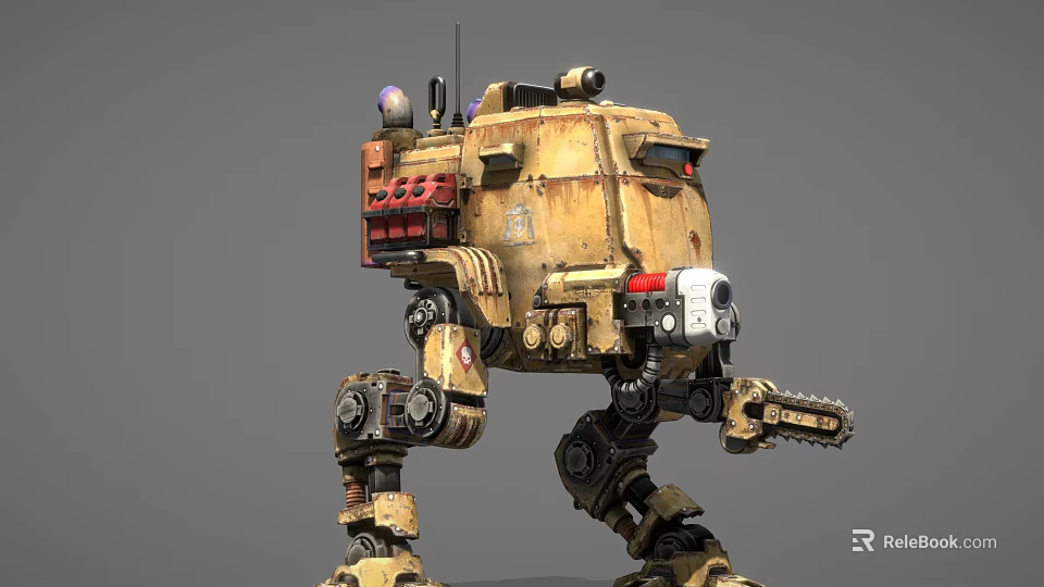 Game Movie Character Yellow Mech Robot With Mechanical Legs And Weapon Components 3d model 
