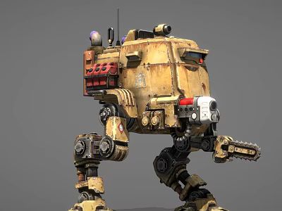 Game Movie Character Yellow Mech Robot With Mechanical Legs And Weapon Components 3d model