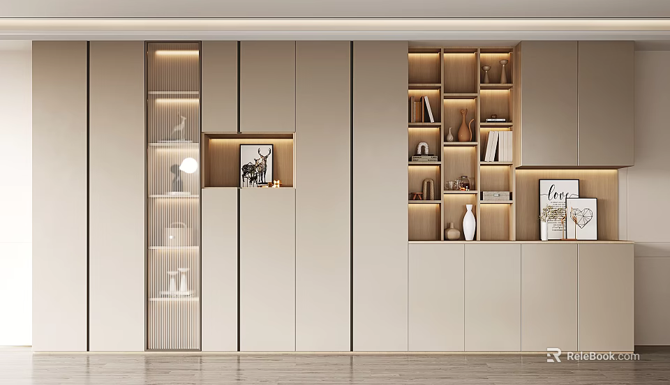 Modern Decorative Cabinet with Open Shelves Closed Doors LED Lighting and Decorative Items 3d model 