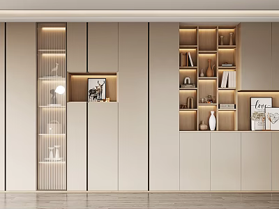 Modern Decorative Cabinet with Open Shelves Closed Doors LED Lighting and Decorative Items 3d model
