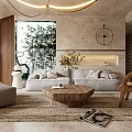 Modern Living Room with Chandelier Sofa Wooden Coffee Table Armchair Plants and Decorative Wall Clock