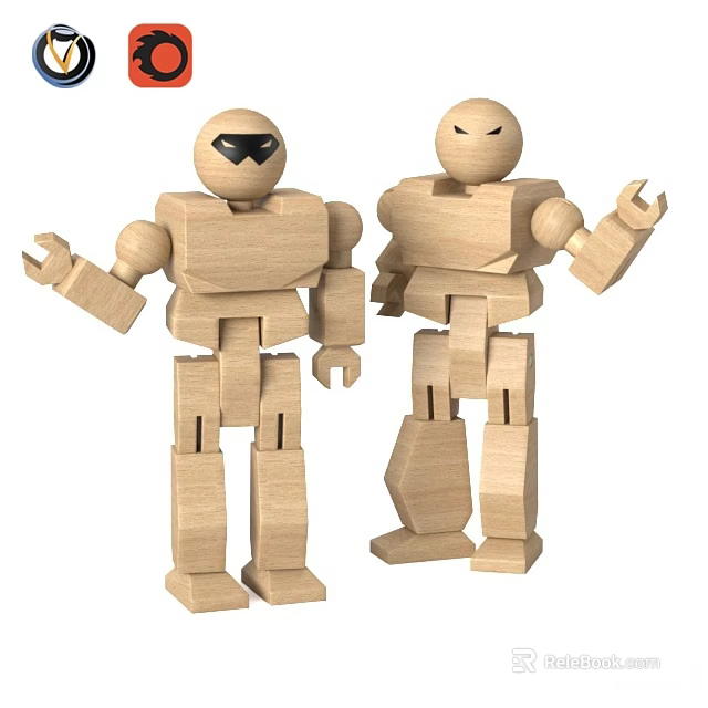 Two Wooden Block Robots With Distinct Features And Movable Limbs 3d model 