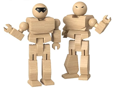 Two Wooden Block Robots With Distinct Features And Movable Limbs 3d model