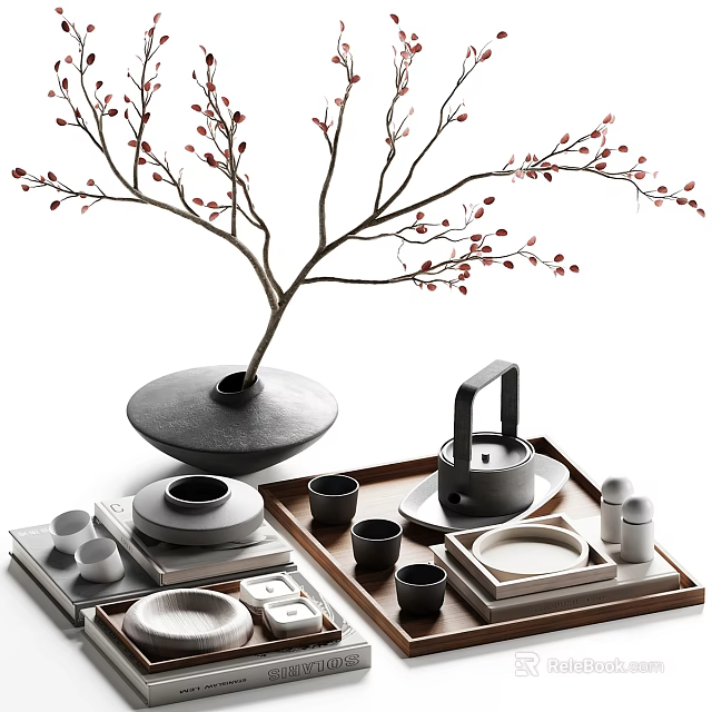 Elegant Traditional Chinese Tea Set With Teapot Cups Wooden Tray And Decorative Red Berry Branch 3d model 