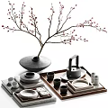 Elegant Traditional Chinese Tea Set With Teapot Cups Wooden Tray And Decorative Red Berry Branch