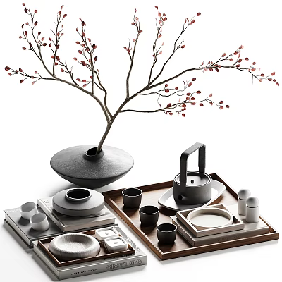 Elegant Traditional Chinese Tea Set With Teapot Cups Wooden Tray And Decorative Red Berry Branch 3d model
