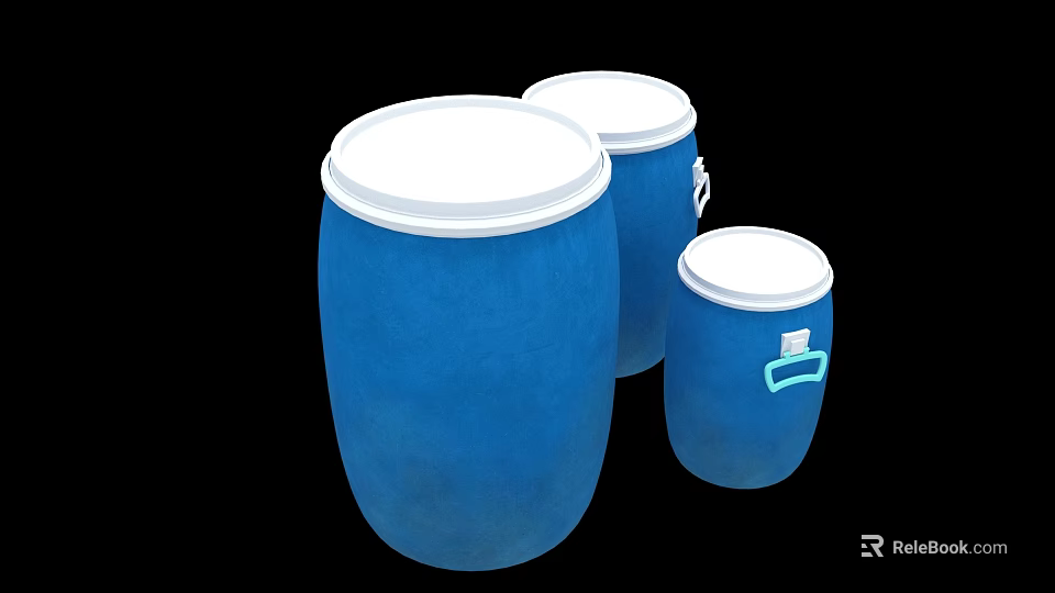 Blue Utility Buckets With White Lids Different Sizes And Green Handle 3d model 