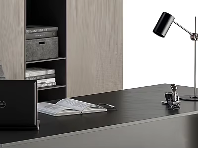 Modern Office Desk With Dell Laptop Open Book Pen Desk Lamp And Shelf With Books 3d model