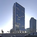 Modern High Rise Office Building With Glass Facade Curved Base And Urban Landscape