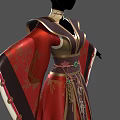 Elegant Traditional Chinese Costume On Mannequins With Red Brown Floral Patterns And Front Back Views