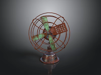 Vintage Computer Fan With Rusty Metal Frame Green Blades And Metal Base 3d model