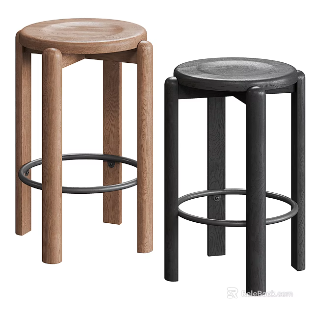 Modern Brown and Black Wooden Bar Stools Featuring Round Seat And Footrest Ring 3d model 