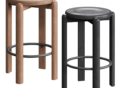 Modern Brown and Black Wooden Bar Stools Featuring Round Seat And Footrest Ring 3d model
