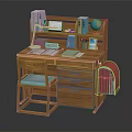 Wooden Study Desk With Bookshelf Globe Lamp Books Red Schoolbag And Matching Chair