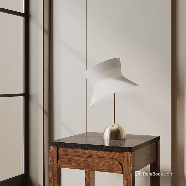Modern White Table Lamp with Unique Folded Shade on Wooden Nightstand Dark Marble Top 3d model 