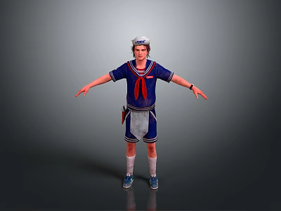 3D Character Outfit With Blue Uniform Red Scarf White Hat Belt Short Pants Socks And Shoes 3d model