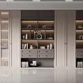 Modern Built-in Bookcase With Lighting Glass Doors Drawers Decorative Items And Books