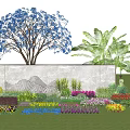 Landscape Wall With Wavy Pattern Blue Tree Banana Leaves And Colorful Flowers