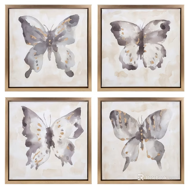 Watercolor Butterfly Animal Paintings With Gold Accents And Gold Frames Set Of Four 3d model 