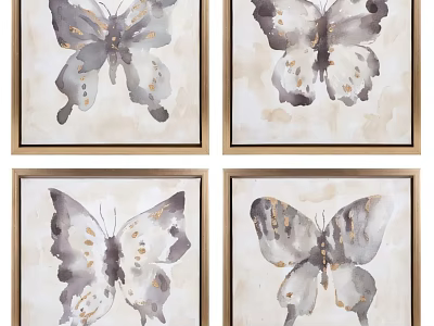 Watercolor Butterfly Animal Paintings With Gold Accents And Gold Frames Set Of Four 3d model
