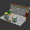 3D Cartoon Game Level Scene With Green Platforms Orange Rails Gray Block Structures And Pathway