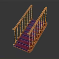 Wooden Staircase with Red Steps Handrail and Balusters Design 3d model