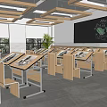 Modern School Classroom With Wooden Desks Blackboard Green Plants And Large Windows