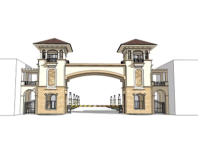European Style Entrance Gate With Arched Structure Twin Towers And Decorative Roofs 3d model