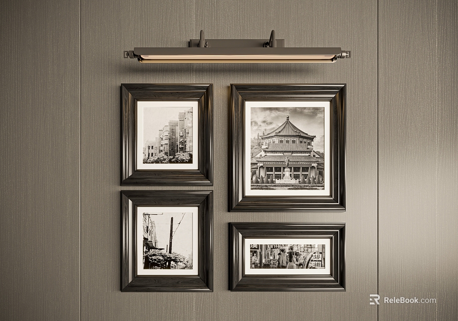 Framed Black And White Landscape Paintings With Architectural City Scenes On Wall 3d model 