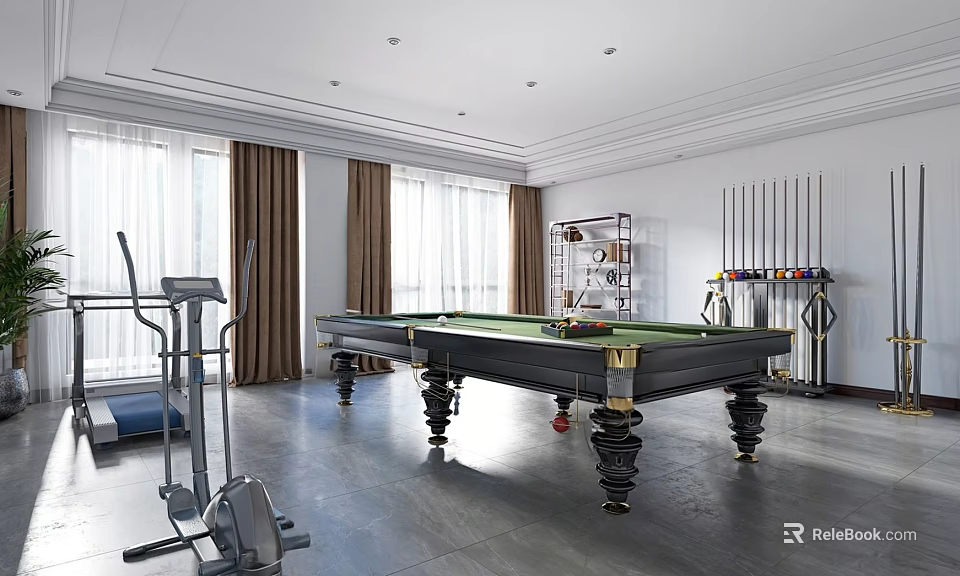 Modern Billiard Room Interior With Green Pool Table Cue Rack And Fitness Equipment 3d model 