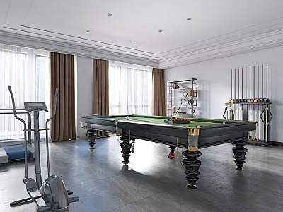 Modern Billiard Room Interior With Green Pool Table Cue Rack And Fitness Equipment 3d model