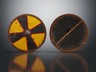 Medieval Wooden Shield With Yellow Black Red Pattern Metal Boss And Backside Wooden Handle 3d model