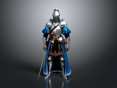 Man In Medieval Knight Armor With Silver Blue Accents And Sword Standing 3d model