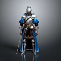 Man In Medieval Knight Armor With Silver Blue Accents And Sword Standing