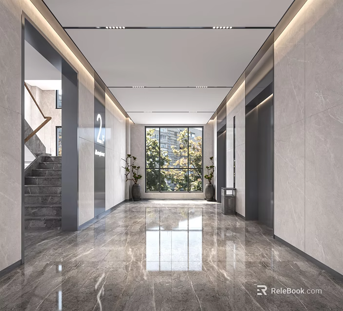 Bright Modern Elevator Lobby With Marble Floor Large Windows And Potted Plants 3d model