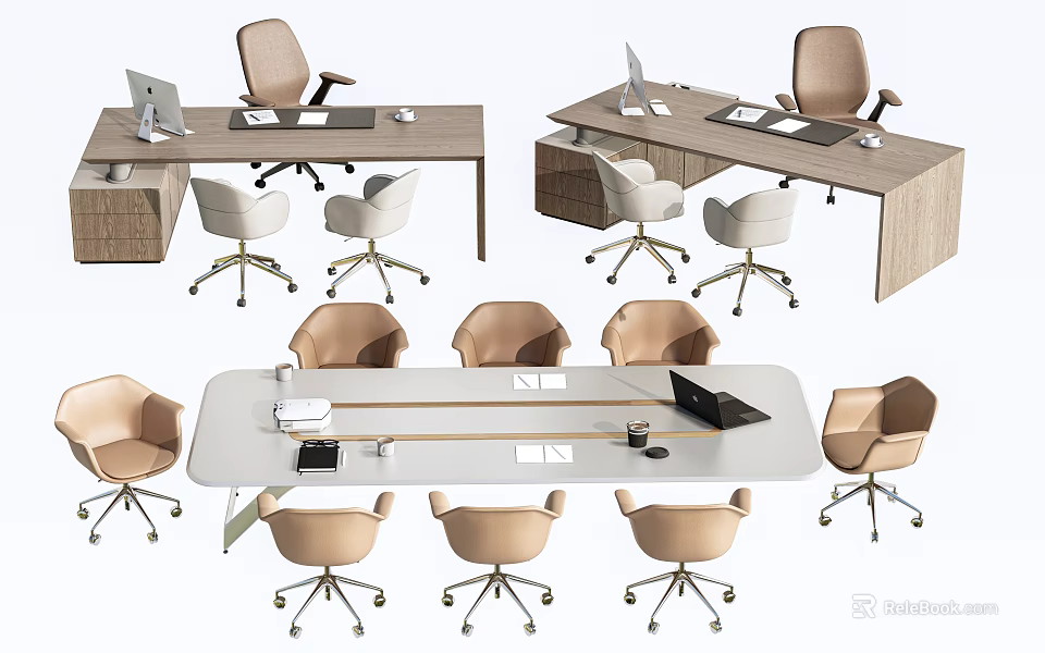 Modern Office Desk Collection With Wooden And White Tops And Ergonomic Chairs Setup 3d model 
