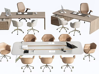 Modern Office Desk Collection With Wooden And White Tops And Ergonomic Chairs Setup 3d model