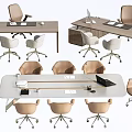 Modern Office Desk Collection With Wooden And White Tops And Ergonomic Chairs Setup