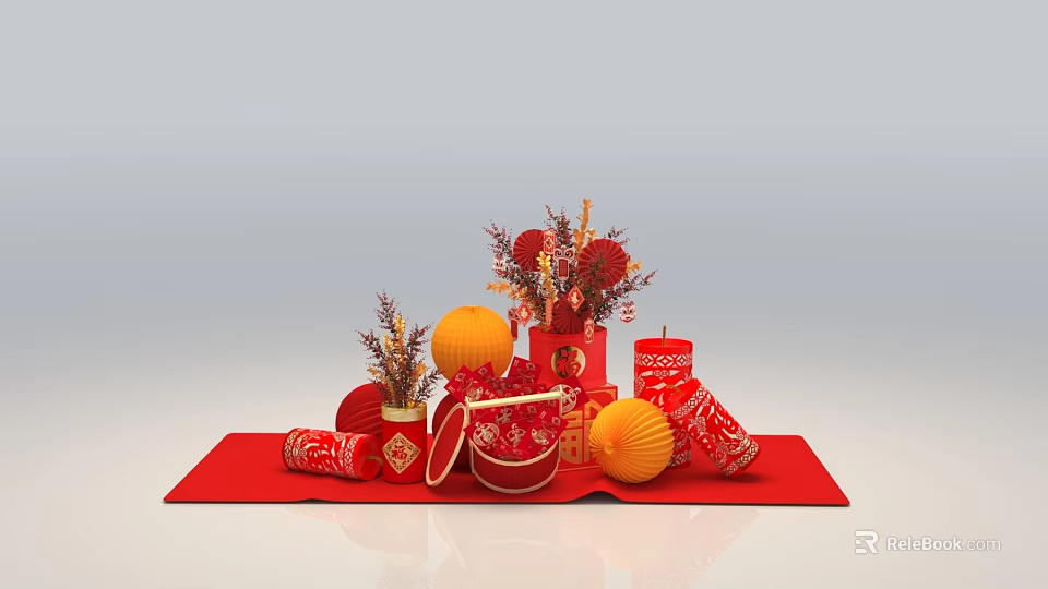 Commercial Equipment For Festive Decorations With Red Lanterns Fortune Ornaments And Candles 3d model 