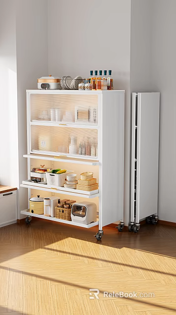 Modern White Kitchen Storage Cabinet With Multiple Shelves And Organized Appliances 3d model
